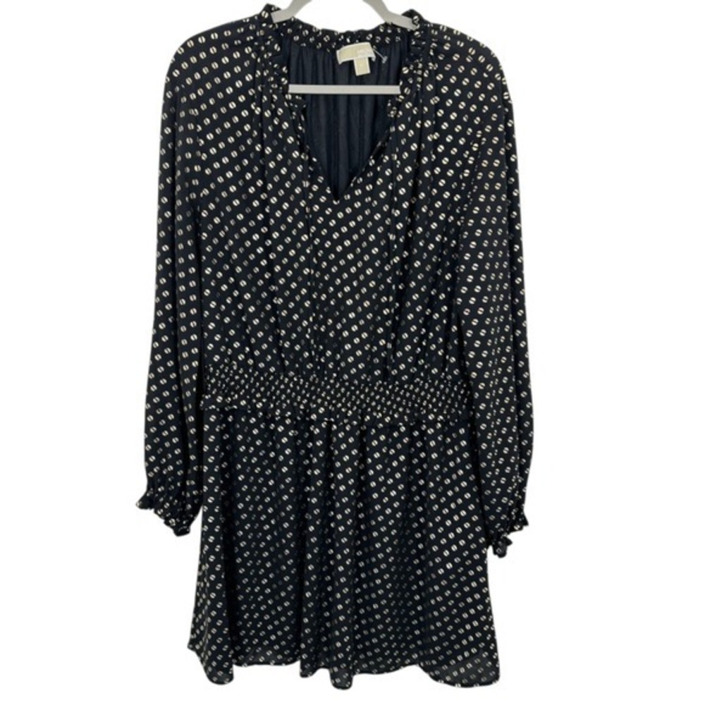 MICHAEL KORS Black Gold Polka Dot Smocked Waist V Neck Long Sleeve Dress XL‎